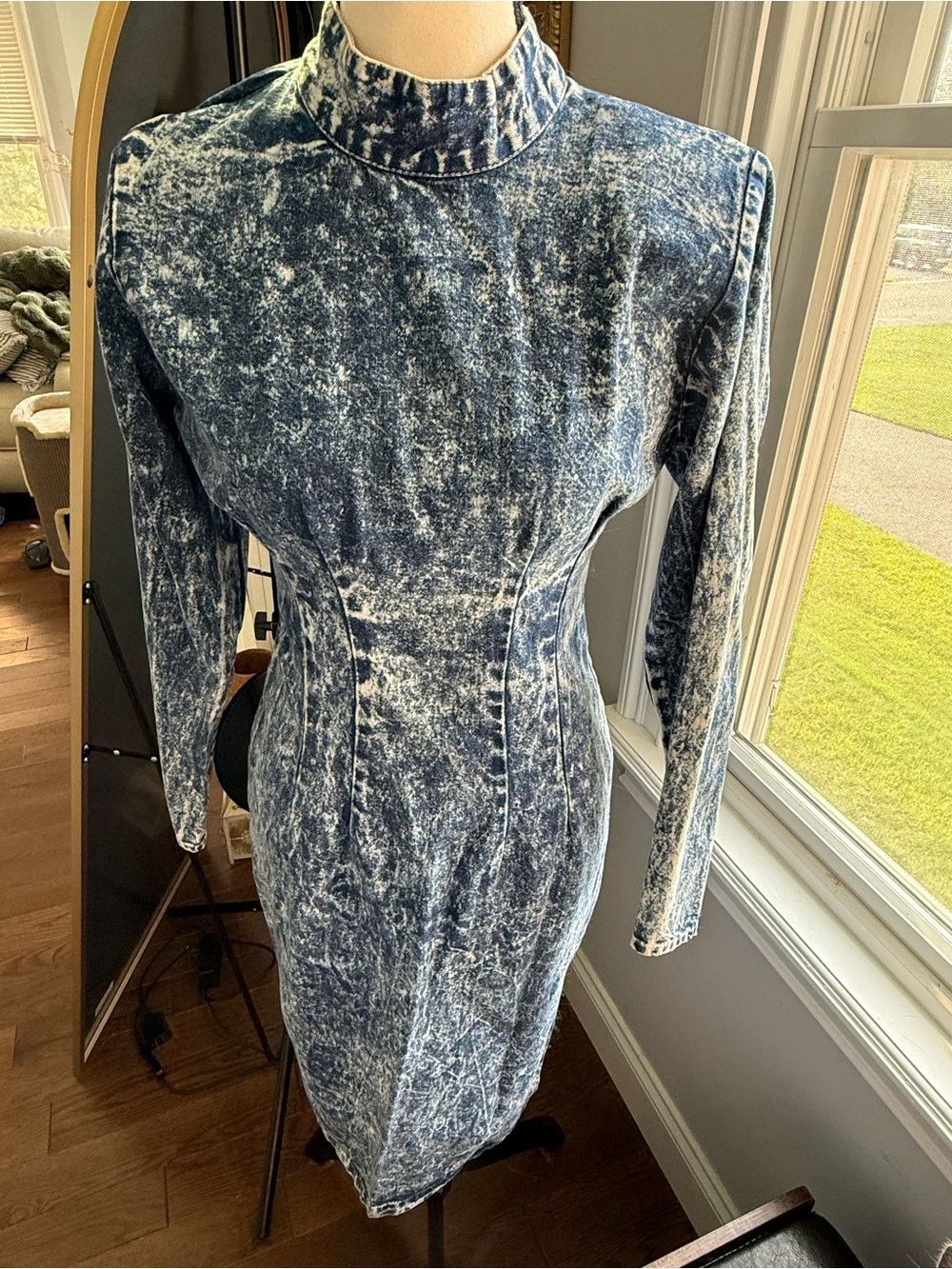 Vintage Mara Jjrs of California Acid-Wash Blue High-Neck Denim Dress Size 5